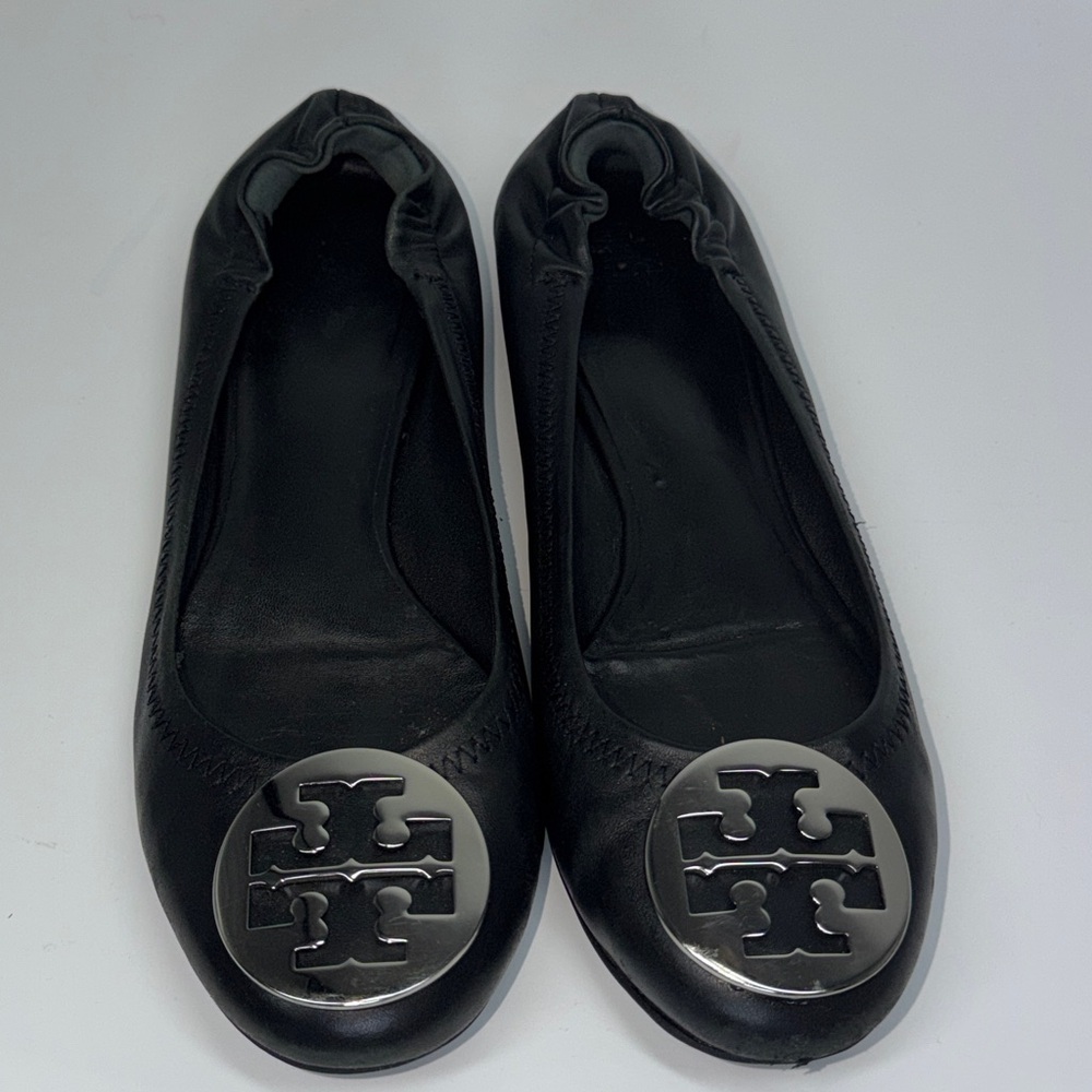 Tory Burch Reva Leather Travel Ballet Flat Black Silver Size 8 1/2 - Picture 2 of 8